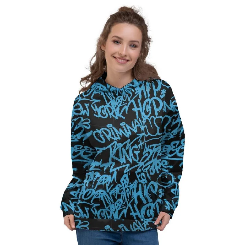 Hiphop Graffiti Blue Text Print Women's Hoodie