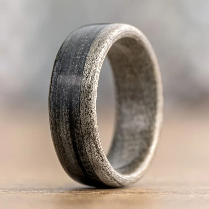 Shine Without Limits – Jewelry Sale Happening Now (In-Stock) Custom Men's Black Whiskey Barrel Wood Ring with Weathered Maple Liner & Offset Inlay - Size 10.25 | 8mm Wide