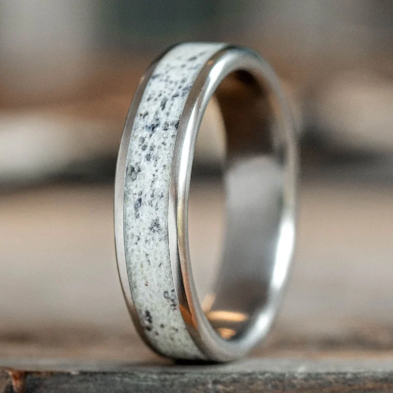 Shop Elegant Jewelry At Unbeatable Prices (In-Stock) Custom Men's Titanium Ring with Wide Channel Naturally Shed Elk Antler Wood - Size 10.75 | 6mm Wide
