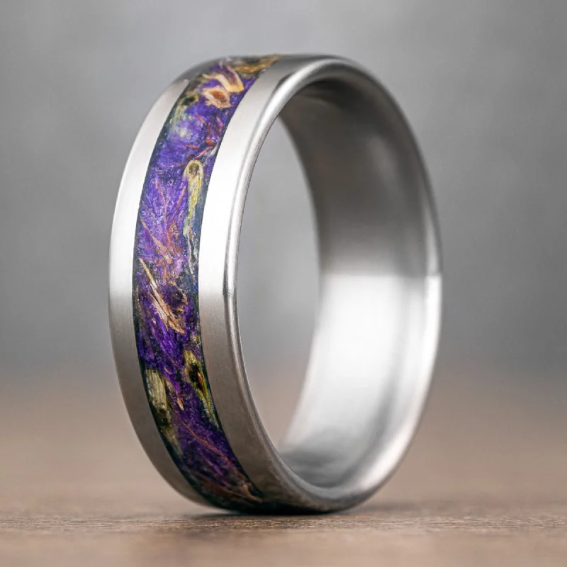Trendy Minimalist Jewelry For Everyday Wear (In-Stock) Custom Men's Floral Titanium Wedding Band with Mixed Lavender Inlay- Size 12.5 | 8mm Wide