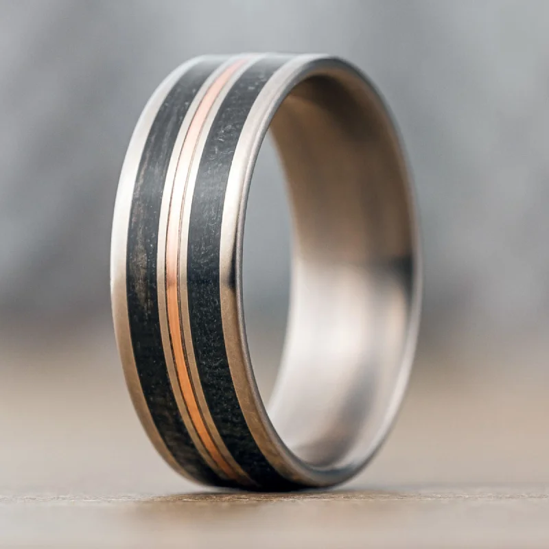 Waterproof Stainless Steel Jewelry For Lasting Beauty (In-Stock) Custom Men's Titanium Ring with Black Whiskey Barrel Wood, Air Force Flight Suit & 14k Rose Gold Inlays - Size 11 | 8mm Wide